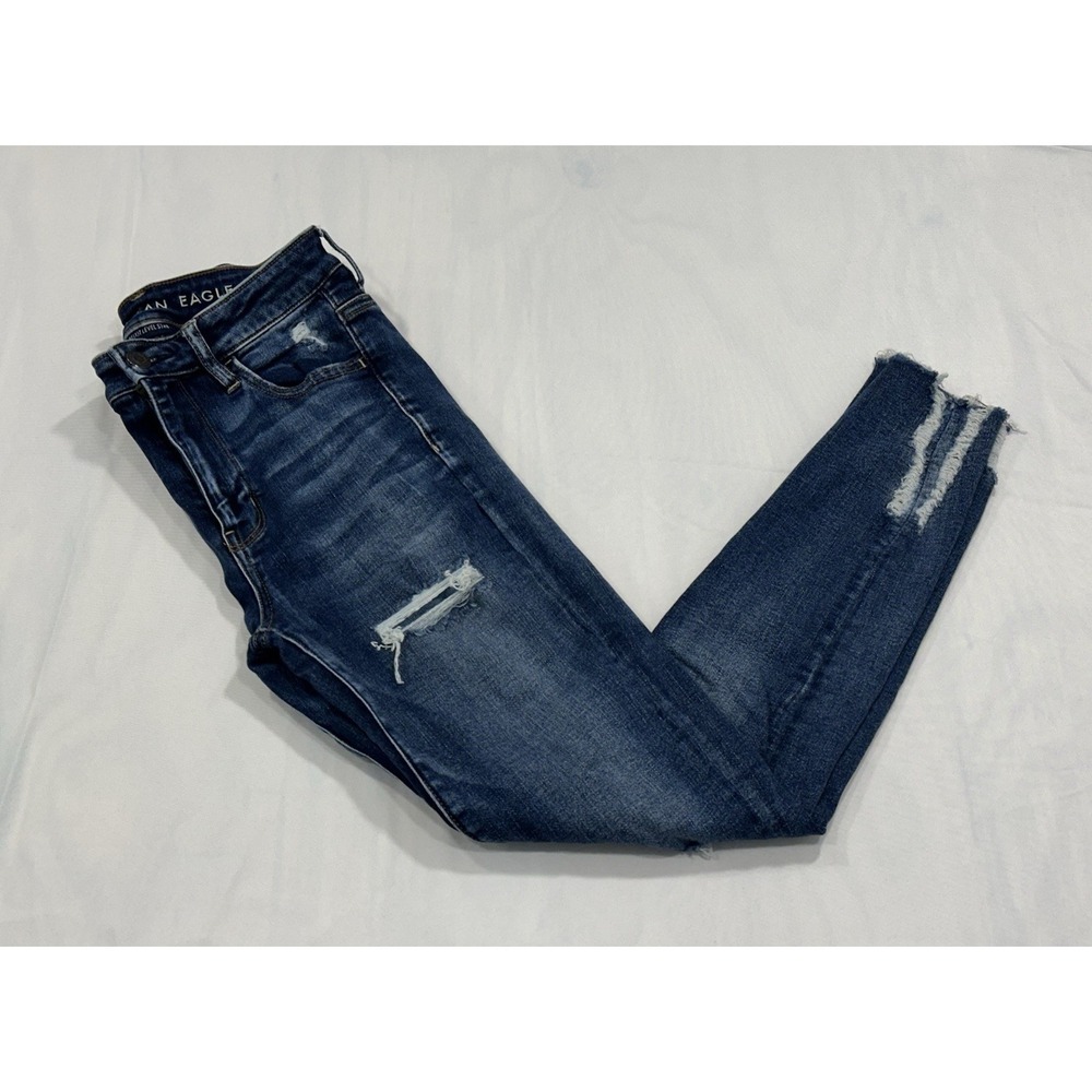 American Eagle Jeans Womens 4 Blue Super Hi Rise Jegging Distressed Stretch